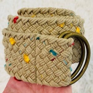 Tan Woven Rope belt Neutral Natural Fibers Multi Colored Speckles Brass buckle